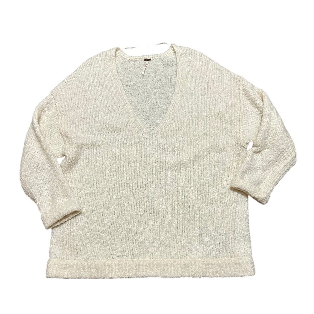 Free People Alpaca Blend Cream Bouclé V-Neck Sweater Women's Large - Picture 2 of 8